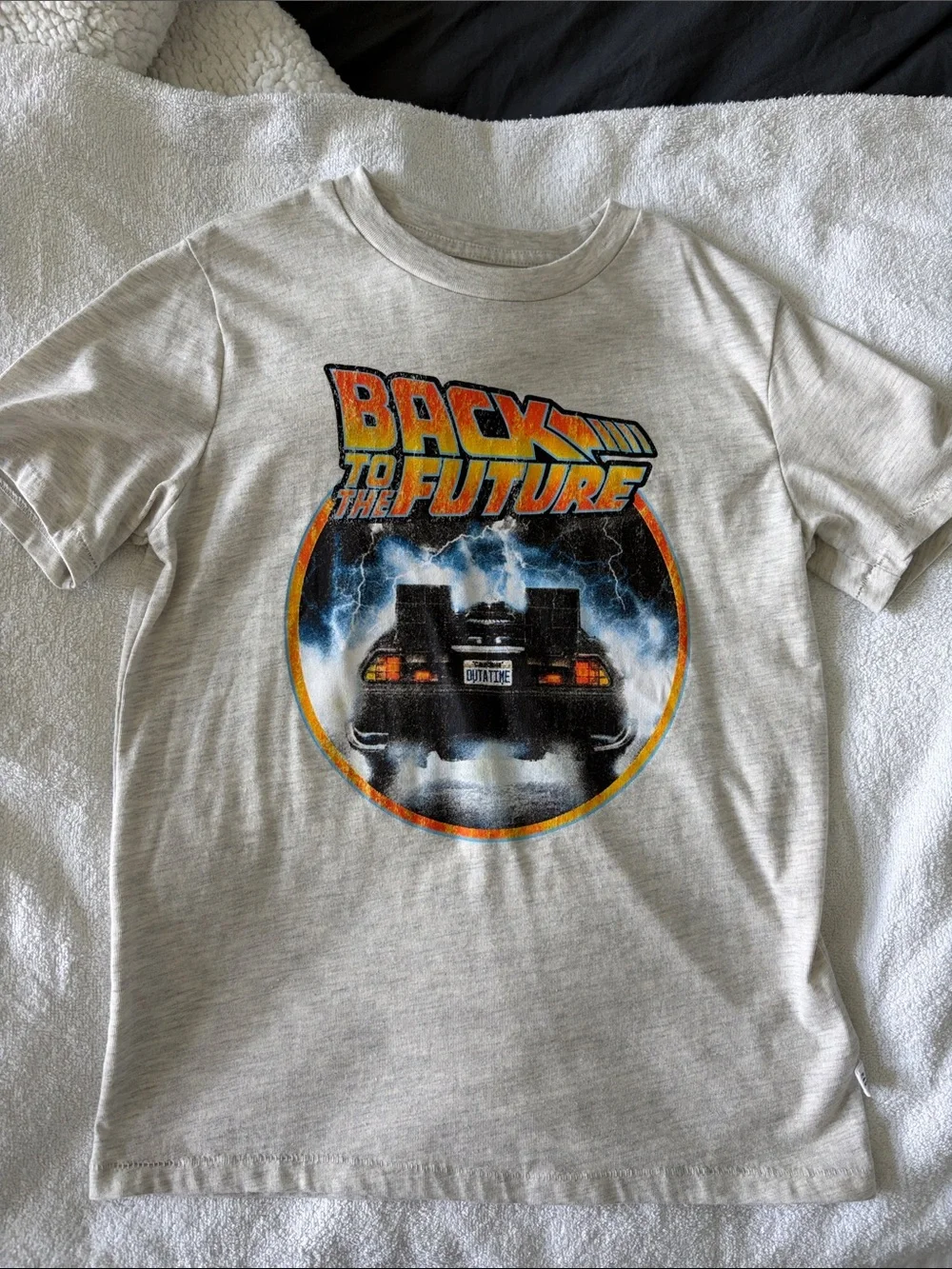 GAP Back to the Future Graphic Tee in Light Gray with Orange & Blue Print